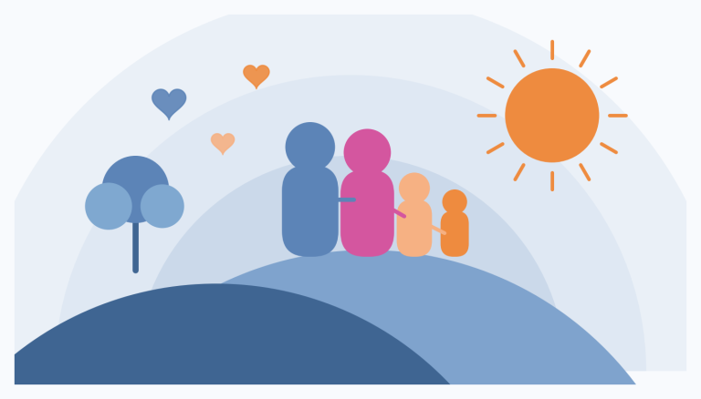 Ilustración de una familia con dos criaturas bajo el sol